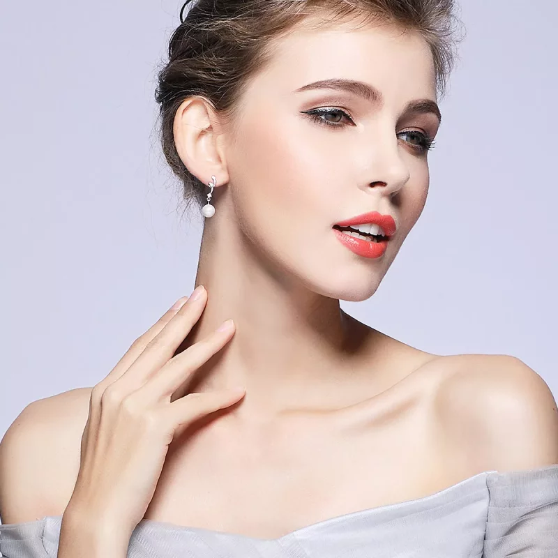 (imagen para) Pendientes colgantes de perla plateada estilo Pandora - SCE035 - Ver 3