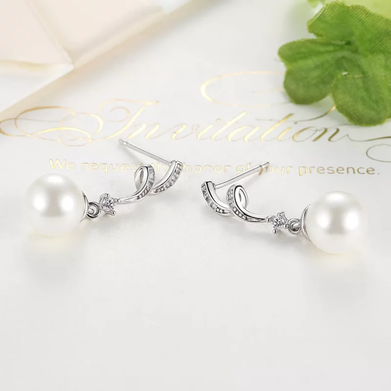 (imagen para) Pendientes colgantes de perla plateada estilo Pandora - SCE035 - Ver 4