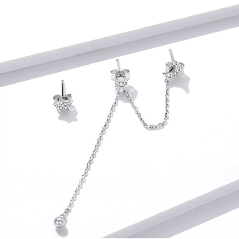 (imagen para) Pendientes colgantes de plata estilo Pandora con luna y estrellas de ensueño - B - Ver 2