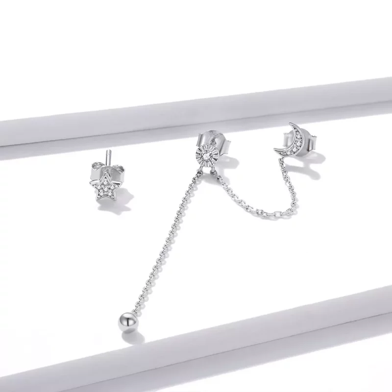 (imagen para) Pendientes colgantes de plata estilo Pandora con luna y estrellas de ensueño - B - Ver 3