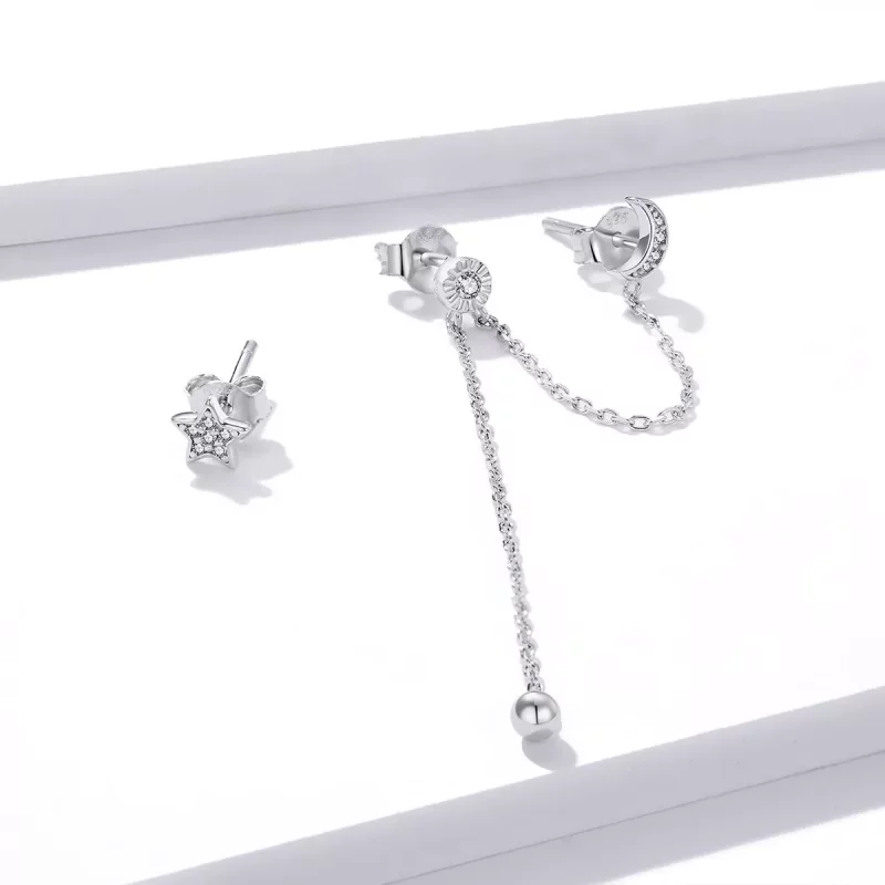 (imagen para) Pendientes colgantes de plata estilo Pandora con luna y estrellas de ensueño - B - Ver 4