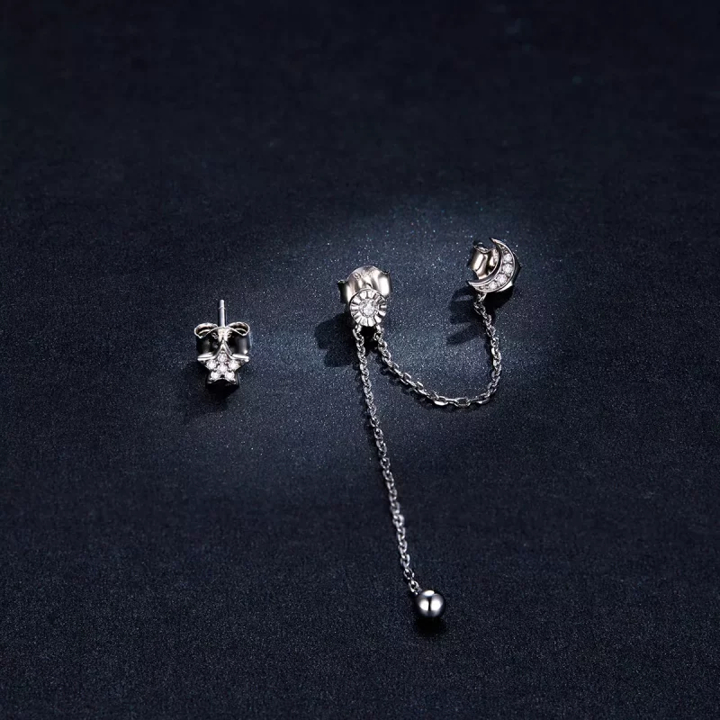 (imagen para) Pendientes colgantes de plata estilo Pandora con luna y estrellas de ensueño - B - Ver 5