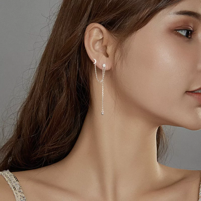 (imagen para) Pendientes colgantes de plata estilo Pandora con luna y estrellas de ensueño - B - Ver 6