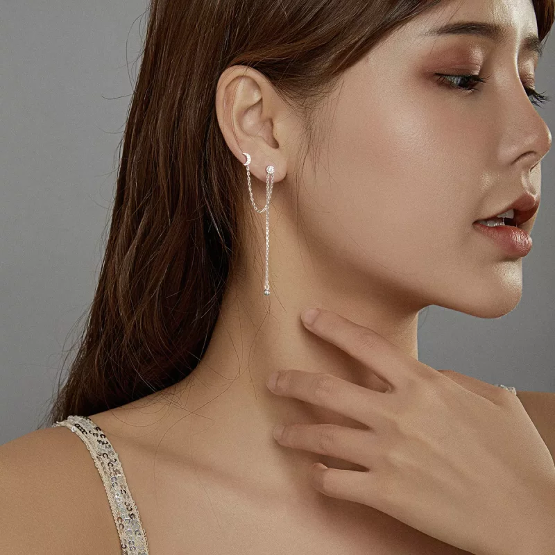 (imagen para) Pendientes colgantes de plata estilo Pandora con luna y estrellas de ensueño - B - Ver 8