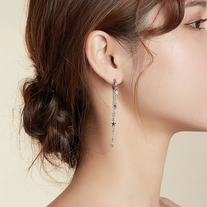 (imagen para) Pendientes colgantes elegantes de estilo Pandora en plata con estrella y luna - - Ver 5