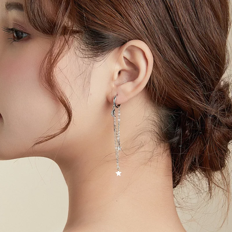(imagen para) Pendientes colgantes elegantes de estilo Pandora en plata con estrella y luna - - Ver 6