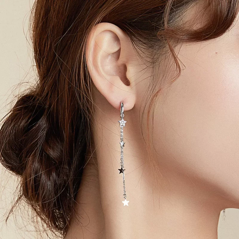 (imagen para) Pendientes colgantes elegantes de estilo Pandora en plata con estrella y luna - - Ver 7