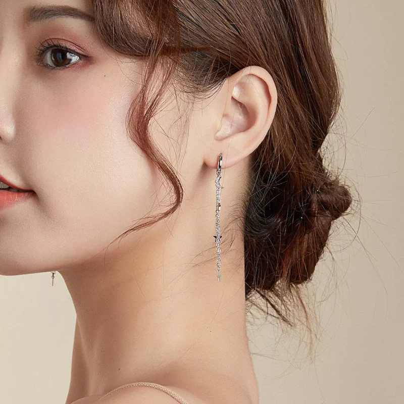 (imagen para) Pendientes colgantes elegantes de estilo Pandora en plata con estrella y luna - - Ver 8