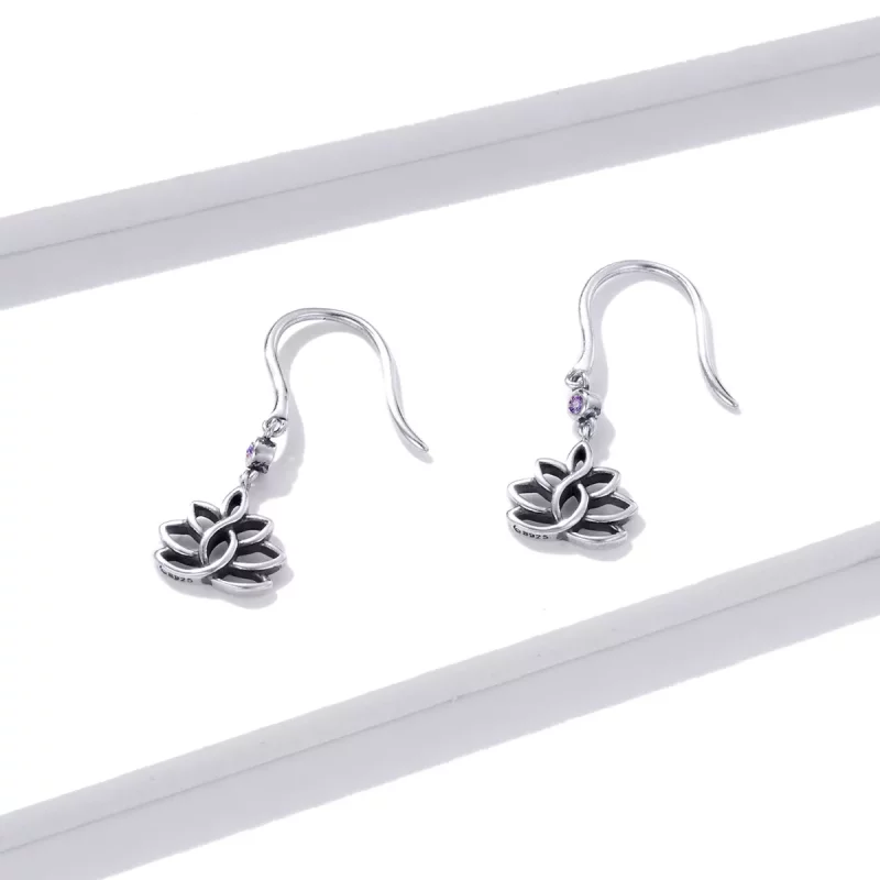 (imagen para) Pendientes colgantes elegantes de flores de loto plateadas estilo Pandora - BSE4 - Ver 2