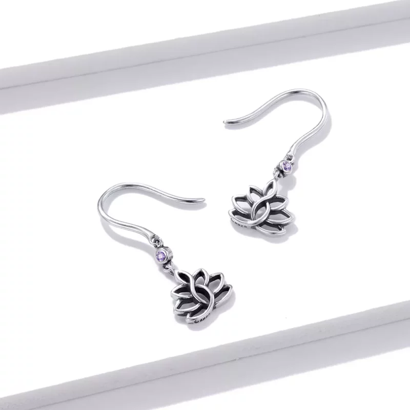 (imagen para) Pendientes colgantes elegantes de flores de loto plateadas estilo Pandora - BSE4 - Ver 3