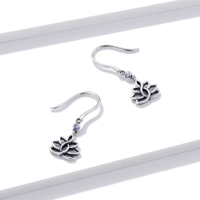 (imagen para) Pendientes colgantes elegantes de flores de loto plateadas estilo Pandora - BSE4 - Ver 4