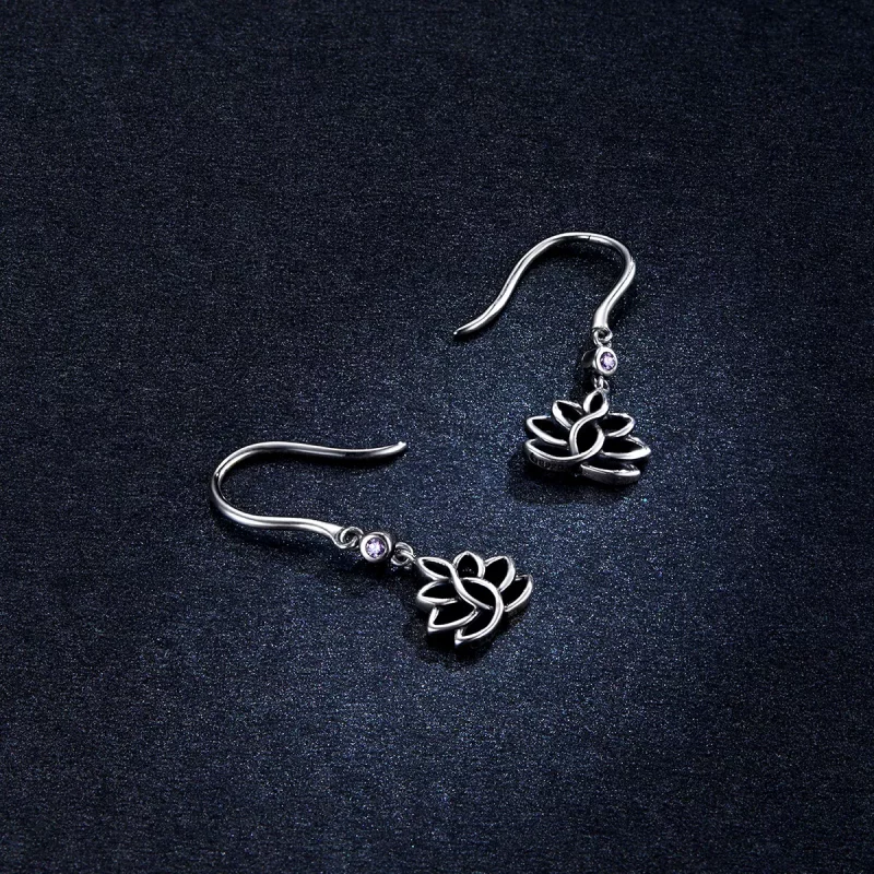 (imagen para) Pendientes colgantes elegantes de flores de loto plateadas estilo Pandora - BSE4 - Ver 5