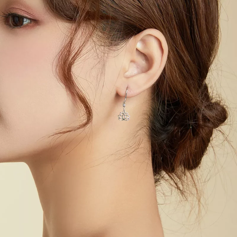 (imagen para) Pendientes colgantes elegantes de flores de loto plateadas estilo Pandora - BSE4 - Ver 8