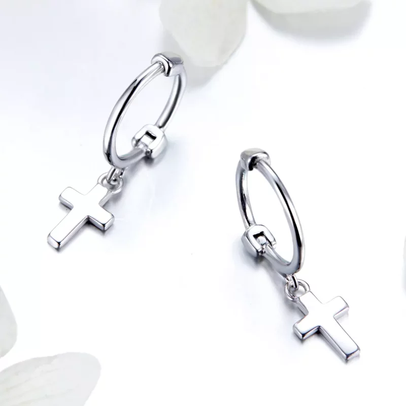 (imagen para) Pendientes colgantes estilo Pandora de cruz plateada - SCE547 - Ver 3