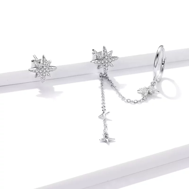 (imagen para) Pendientes colgantes estilo Pandora de estrellas brillantes de plata - BSE433 - Ver 2