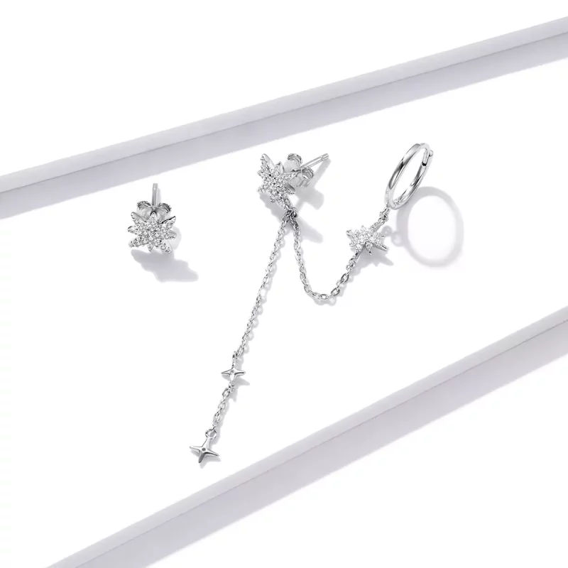 (imagen para) Pendientes colgantes estilo Pandora de estrellas brillantes de plata - BSE433 - Ver 3
