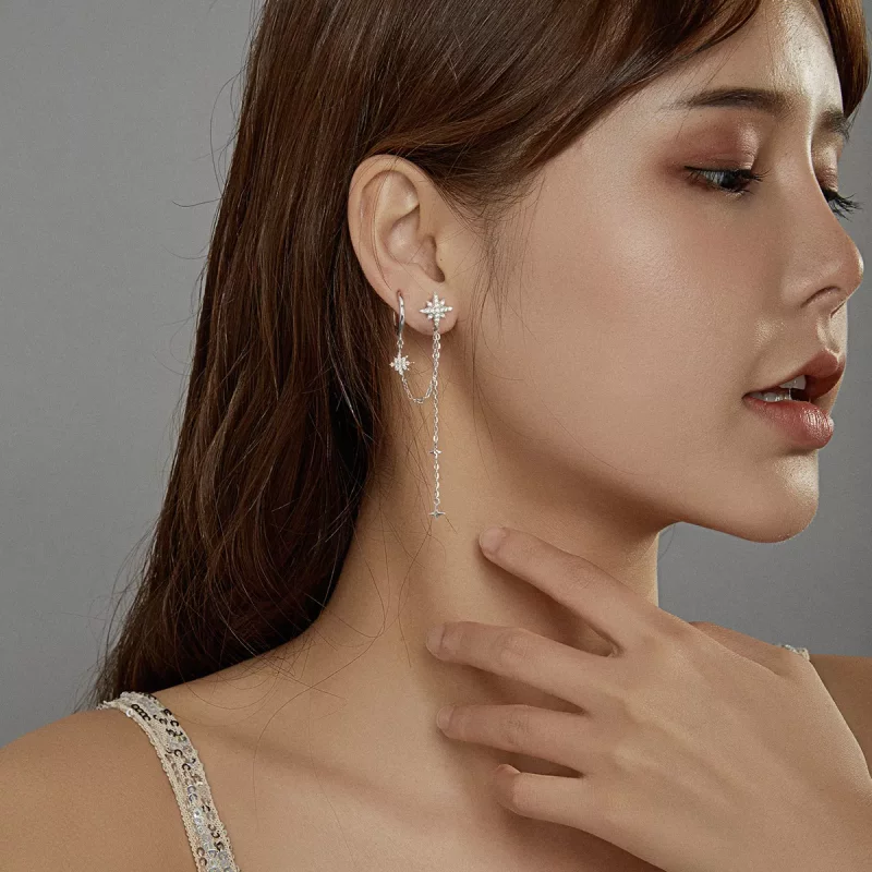 (imagen para) Pendientes colgantes estilo Pandora de estrellas brillantes de plata - BSE433 - Ver 6