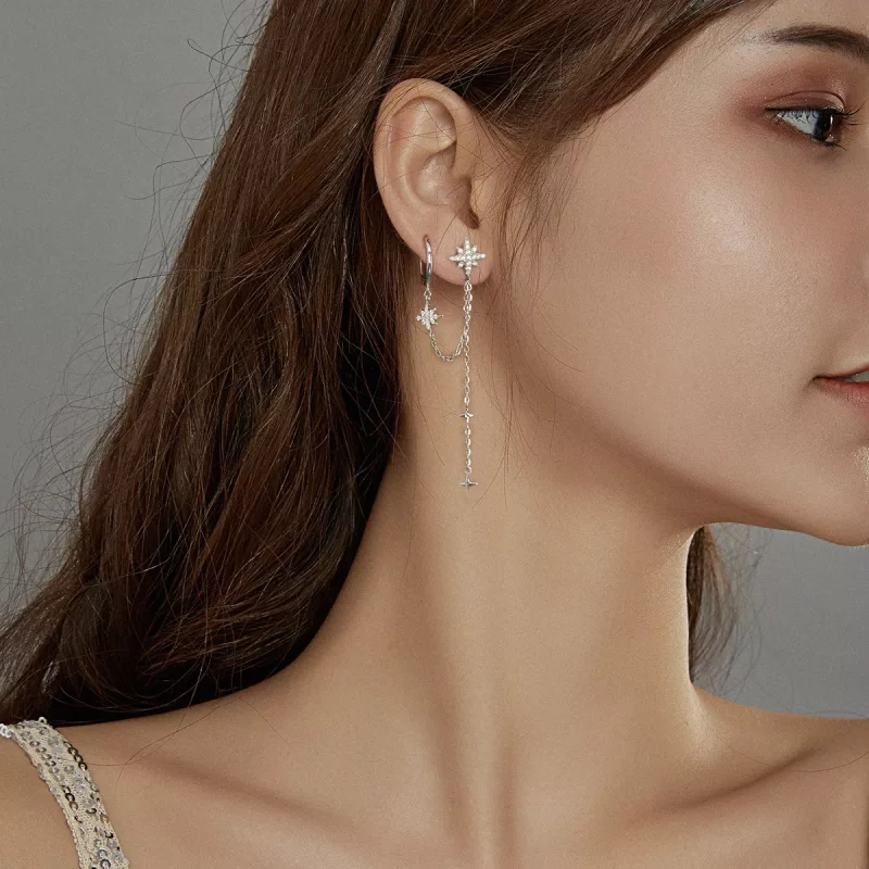(imagen para) Pendientes colgantes estilo Pandora de estrellas brillantes de plata - BSE433 - Ver 7