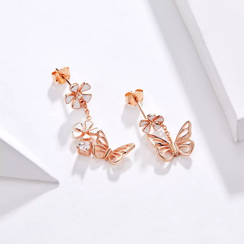 (imagen para) Pendientes colgantes estilo Pandora en color oro rosa con mariposa danzante - BS - Ver 2