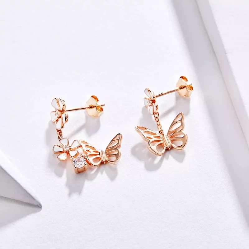 (imagen para) Pendientes colgantes estilo Pandora en color oro rosa con mariposa danzante - BS - Ver 4