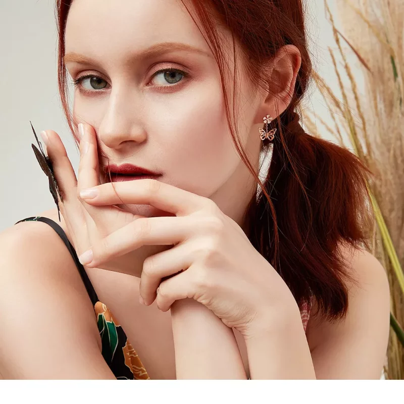 (imagen para) Pendientes colgantes estilo Pandora en color oro rosa con mariposa danzante - BS - Ver 5