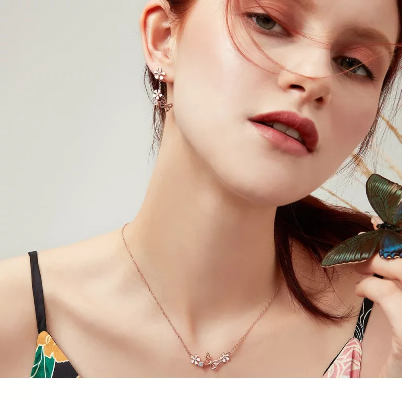 (imagen para) Pendientes colgantes estilo Pandora en color oro rosa con mariposa danzante - BS - Ver 6