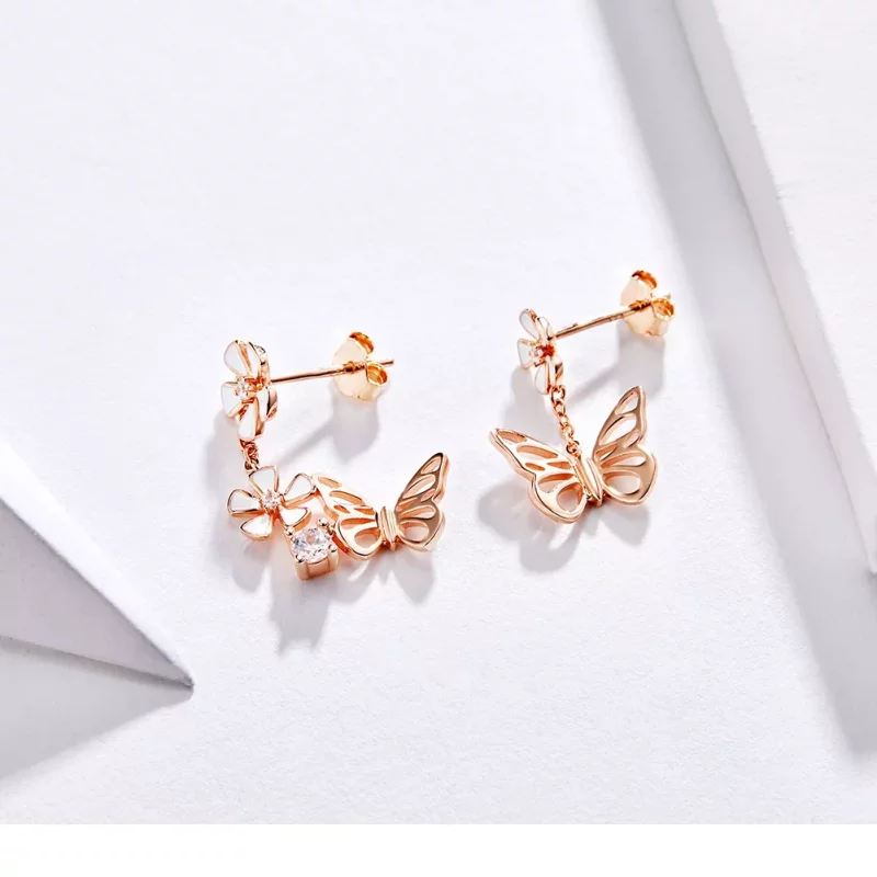 (imagen para) Pendientes colgantes estilo Pandora en color oro rosa con mariposa danzante - BS - Ver 7