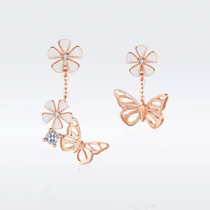(imagen para) Pendientes colgantes estilo Pandora en color oro rosa con mariposa danzante - BSE100