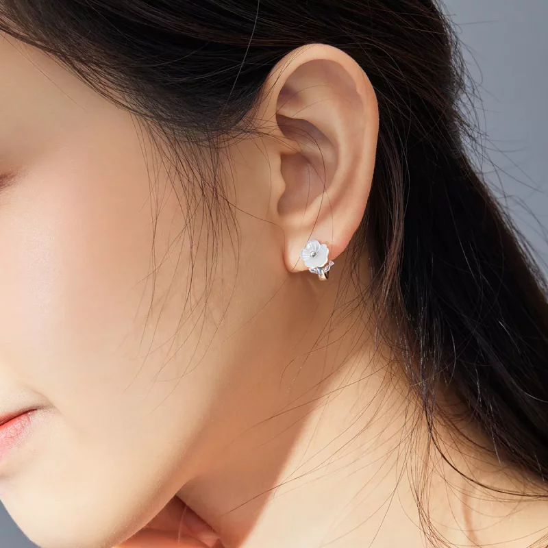 (imagen para) Pendientes de Aro de Flores Puros de Plata Estilo Pandora - BSE321 - Ver 5
