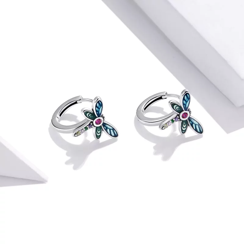 (imagen para) Pendientes de aro estilo Pandora en plata con diseño retro de libélula - SCE1172 - Ver 2