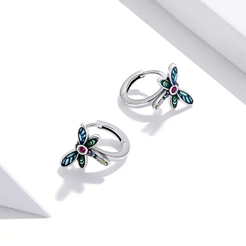 (imagen para) Pendientes de aro estilo Pandora en plata con diseño retro de libélula - SCE1172 - Ver 3