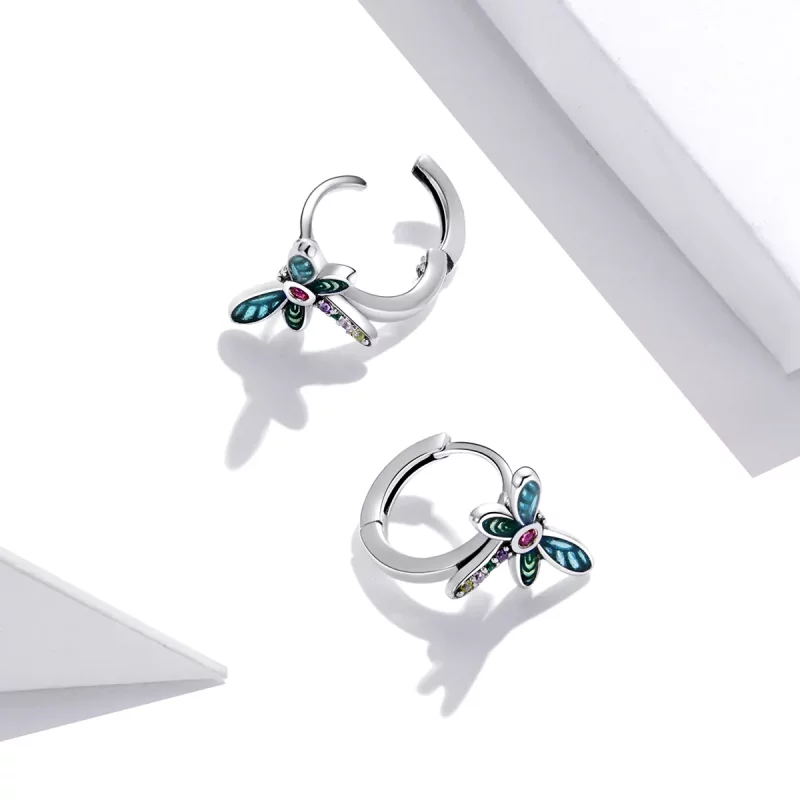 (imagen para) Pendientes de aro estilo Pandora en plata con diseño retro de libélula - SCE1172 - Ver 4