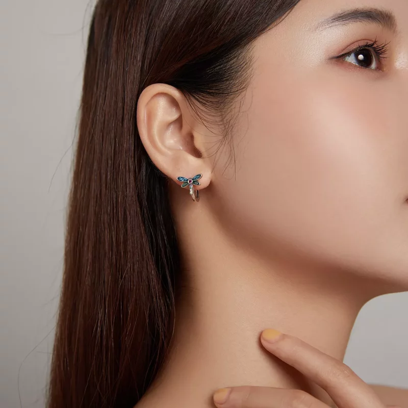 (imagen para) Pendientes de aro estilo Pandora en plata con diseño retro de libélula - SCE1172 - Ver 5