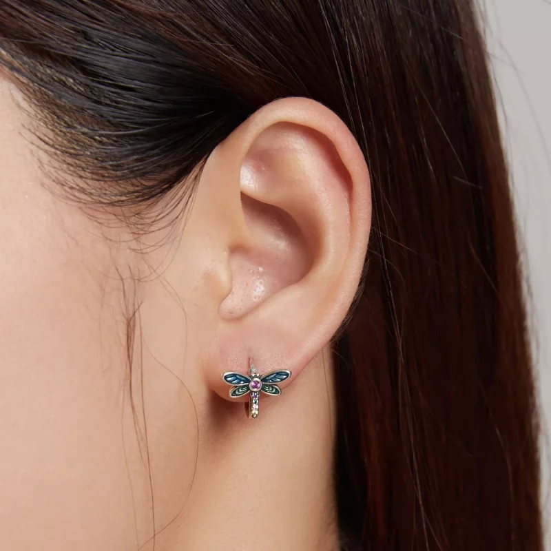(imagen para) Pendientes de aro estilo Pandora en plata con diseño retro de libélula - SCE1172 - Ver 6
