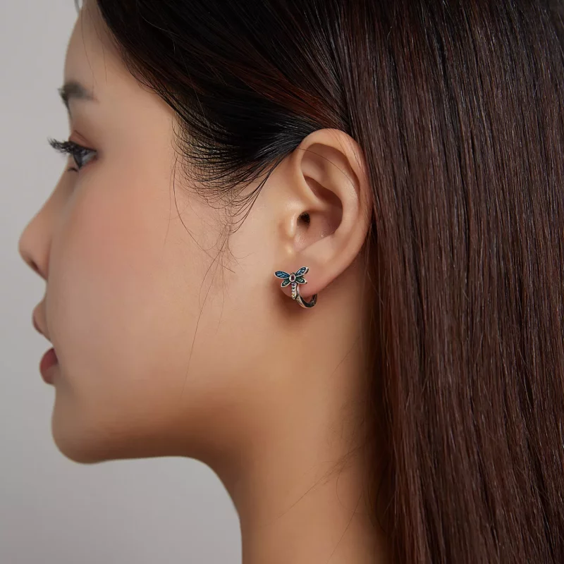 (imagen para) Pendientes de aro estilo Pandora en plata con diseño retro de libélula - SCE1172 - Ver 7