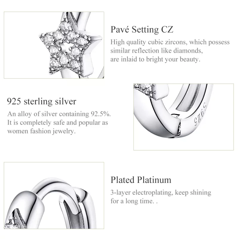 (imagen para) Pendientes de Aro Estilo Pandora Plateados con Luces Estrelladas - BSE172 - Ver 3