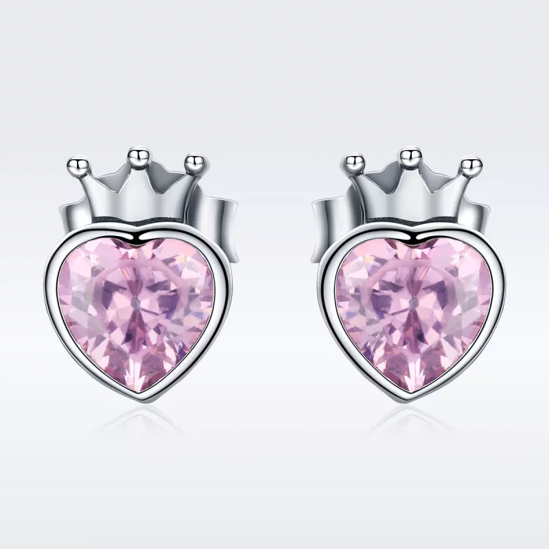 (imagen para) Pendientes de botón con corazón coronado en estilo Pandora de plata - SCE174 - Ver 2
