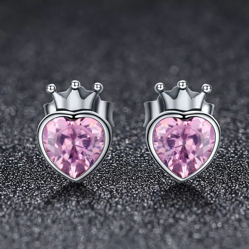 (imagen para) Pendientes de botón con corazón coronado en estilo Pandora de plata - SCE174 - Ver 3