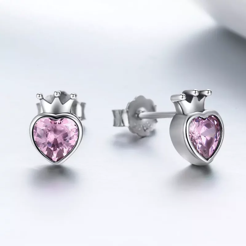 (imagen para) Pendientes de botón con corazón coronado en estilo Pandora de plata - SCE174 - Ver 4