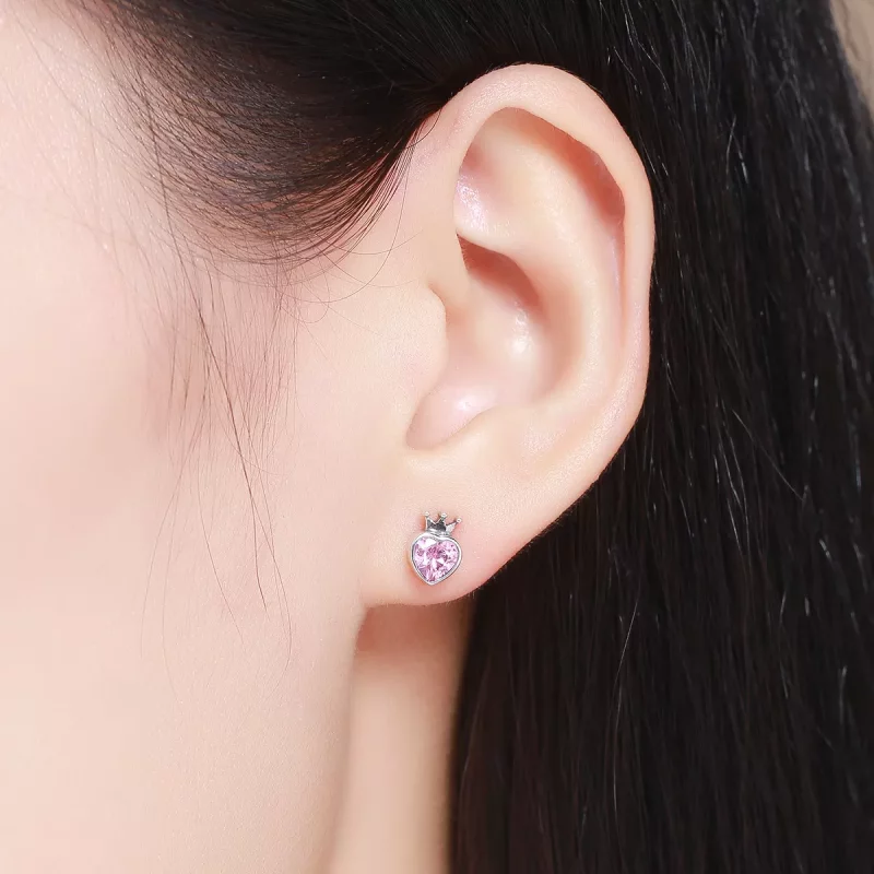 (imagen para) Pendientes de botón con corazón coronado en estilo Pandora de plata - SCE174 - Ver 6