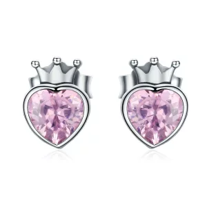 (imagen para) Pendientes de botón con corazón coronado en estilo Pandora de plata - SCE174