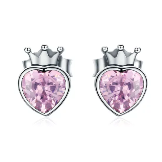 (imagen para) Pendientes de botón con corazón coronado en estilo Pandora de plata - SCE174