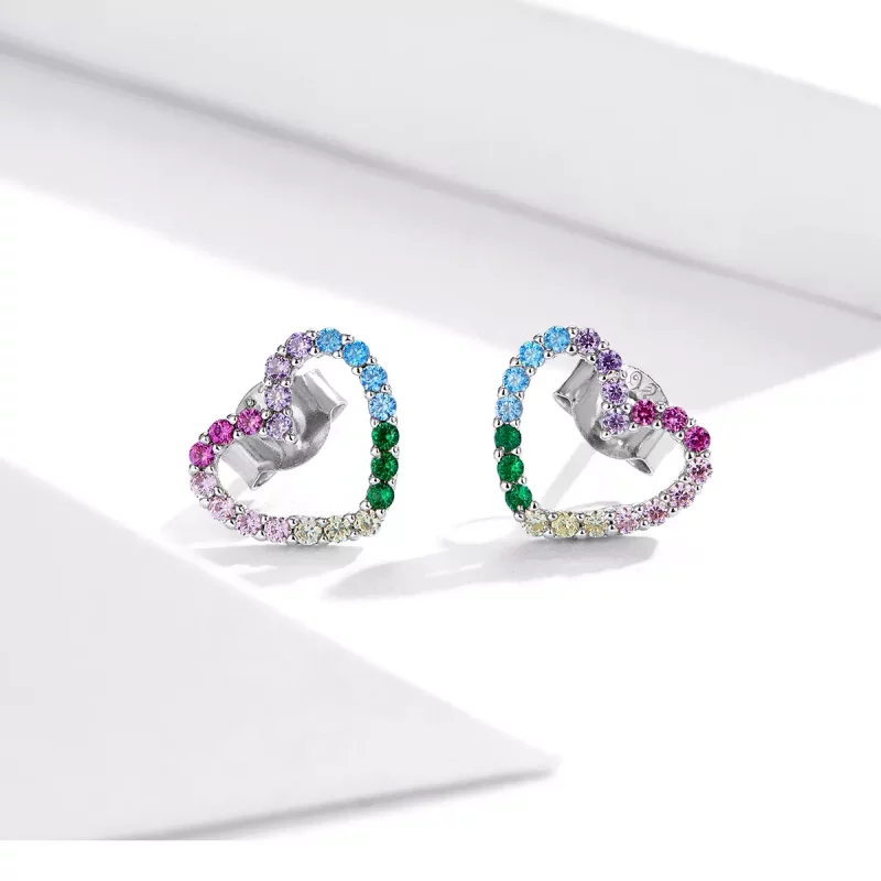 (imagen para) Pendientes de botón con corazones arcoíris de plata estilo Pandora - SCE891 - Ver 2