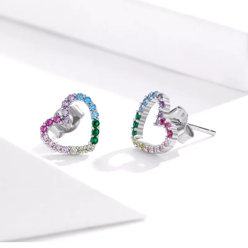 (imagen para) Pendientes de botón con corazones arcoíris de plata estilo Pandora - SCE891 - Ver 3