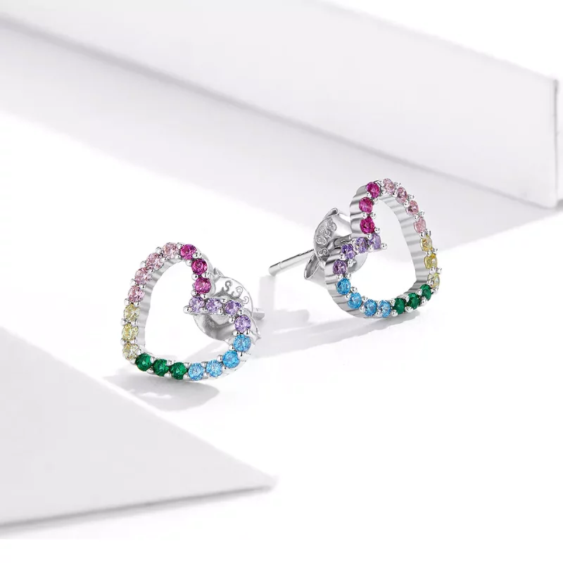 (imagen para) Pendientes de botón con corazones arcoíris de plata estilo Pandora - SCE891 - Ver 4