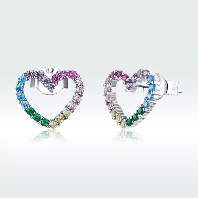 (imagen para) Pendientes de botón con corazones arcoíris de plata estilo Pandora - SCE891 - Ver 5