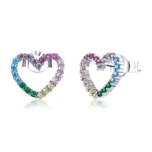 (imagen para) Pendientes de botón con corazones arcoíris de plata estilo Pandora - SCE891