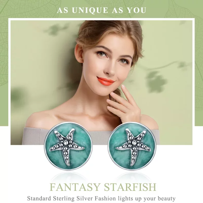 (imagen para) Pendientes de botón con estrella de mar de fantasía de plata al estilo Pandora - - Ver 2
