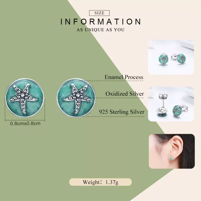 (imagen para) Pendientes de botón con estrella de mar de fantasía de plata al estilo Pandora - - Ver 4