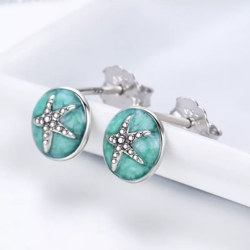 (imagen para) Pendientes de botón con estrella de mar de fantasía de plata al estilo Pandora - - Ver 5